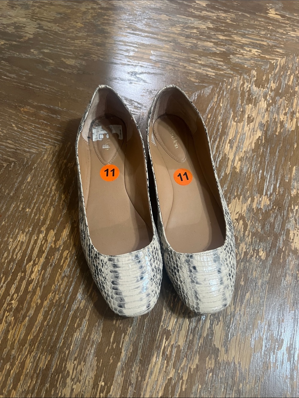 Calvin Klein Beige Snake-Print Square-Toe Ballet Flats
